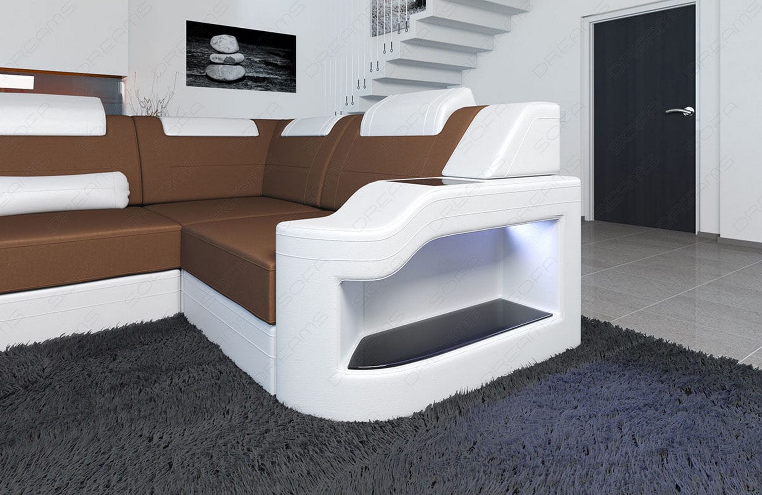 New Look Stoff-Wohnlandschaft Palermo LED Hellbraun-Weiß