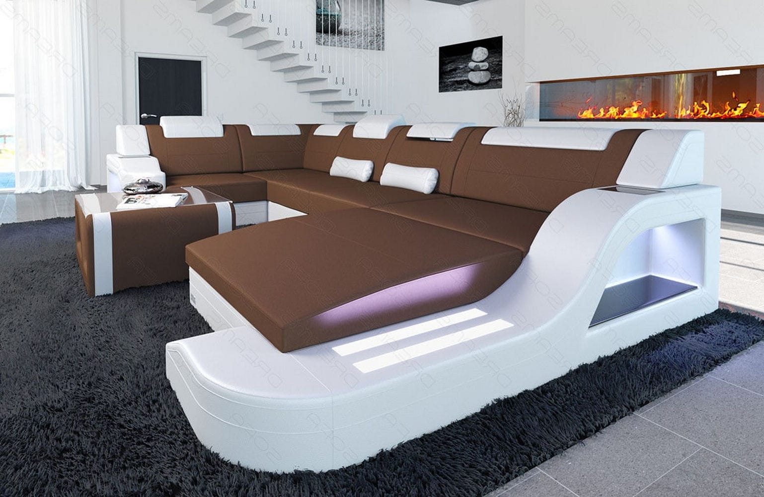 New Look Stoff-Wohnlandschaft Palermo LED Hellbraun-Weiß