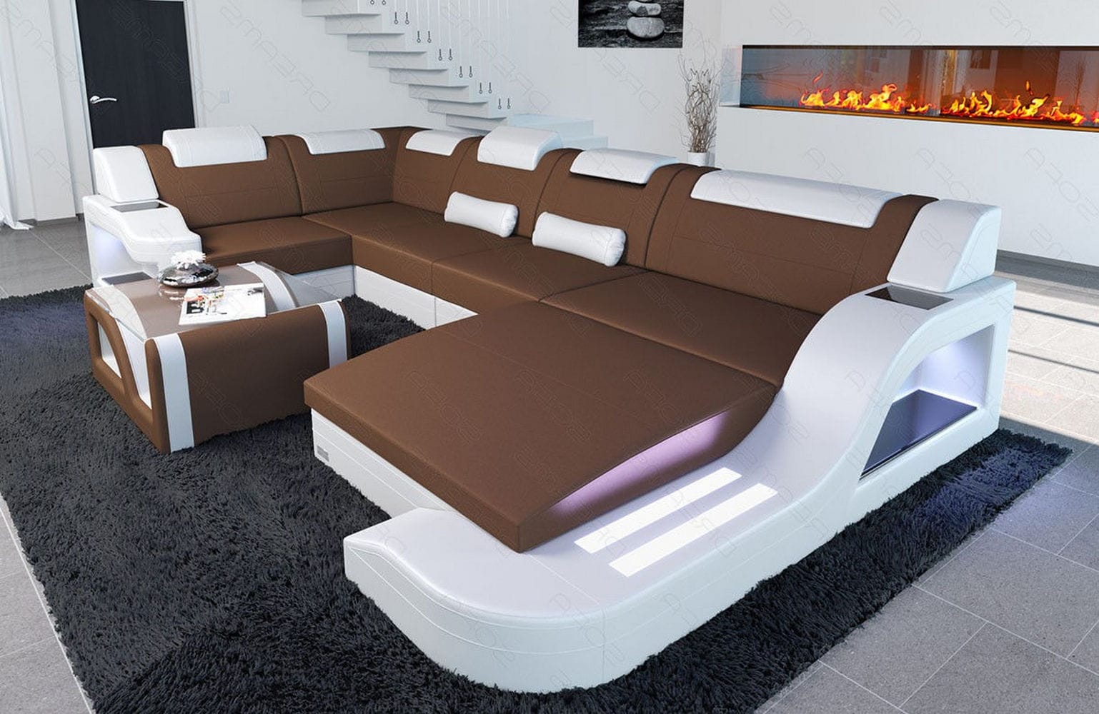 New Look Stoff-Wohnlandschaft Palermo LED Hellbraun-Weiß