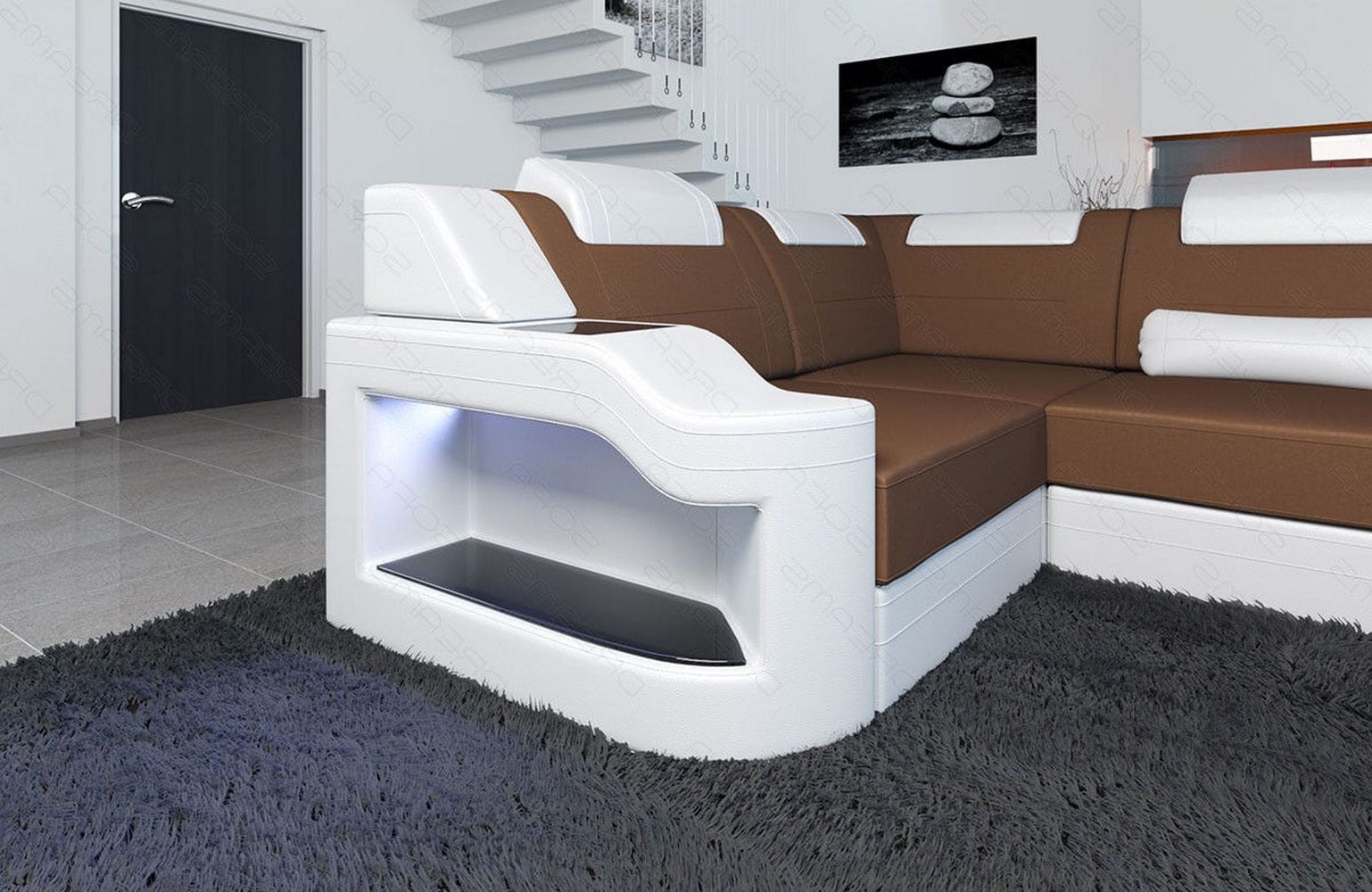 New Look Stoff-Wohnlandschaft Palermo LED Hellbraun-Weiß