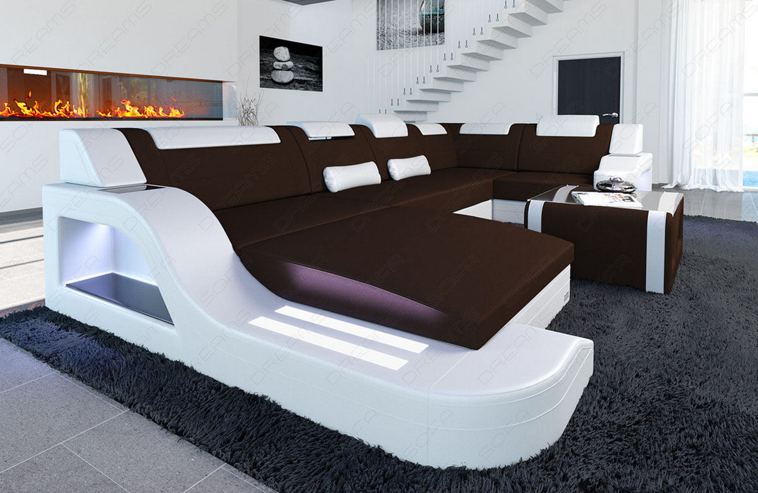 New Look Stoff-Wohnlandschaft Palermo LED Dunkelbraun-Weiß