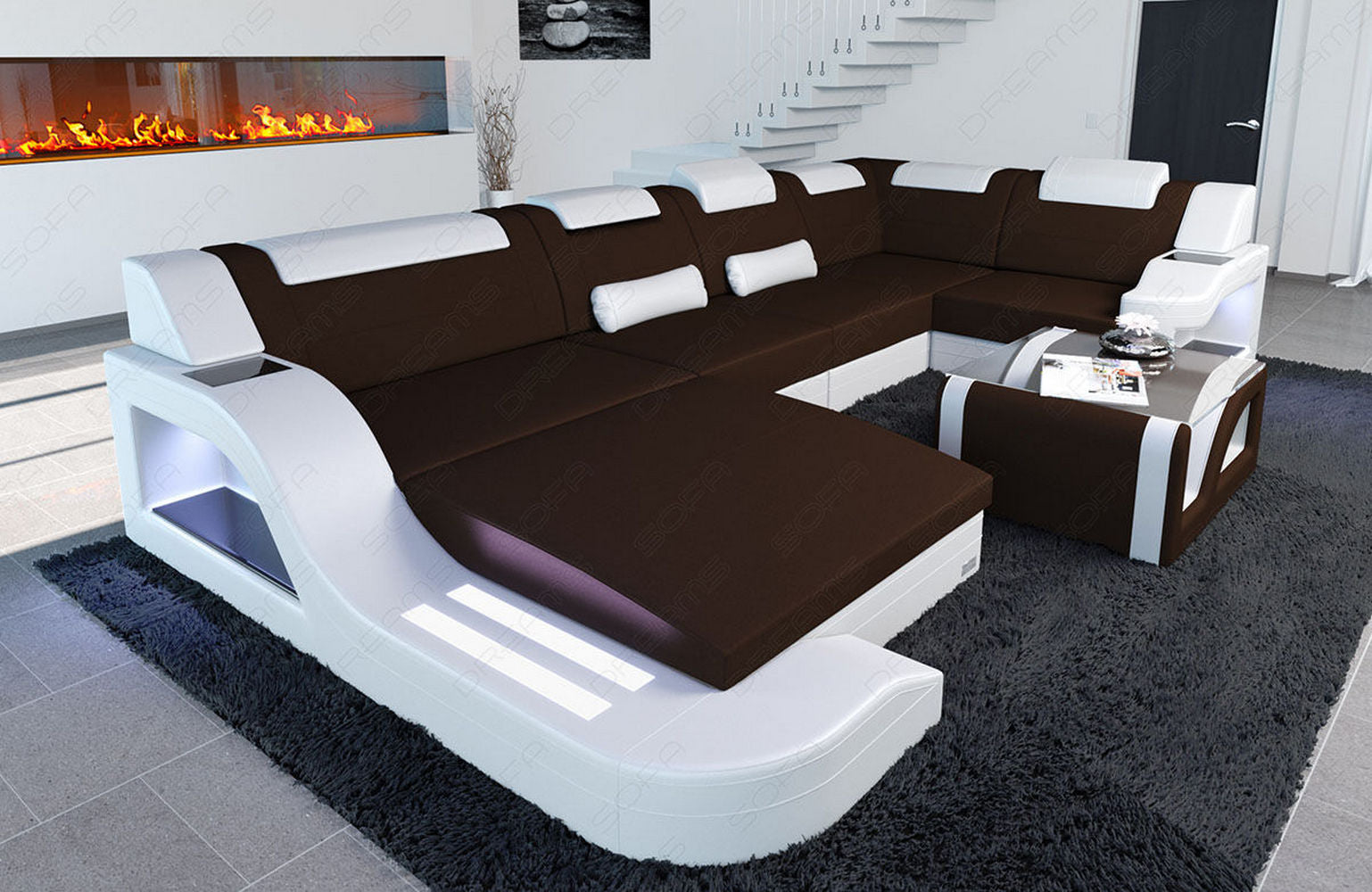 New Look Stoff-Wohnlandschaft Palermo LED Dunkelbraun-Weiß