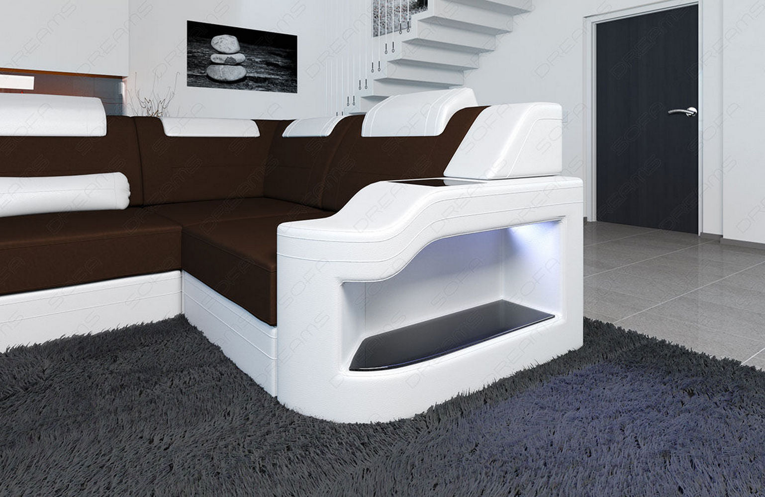 New Look Stoff-Wohnlandschaft Palermo LED Dunkelbraun-Weiß