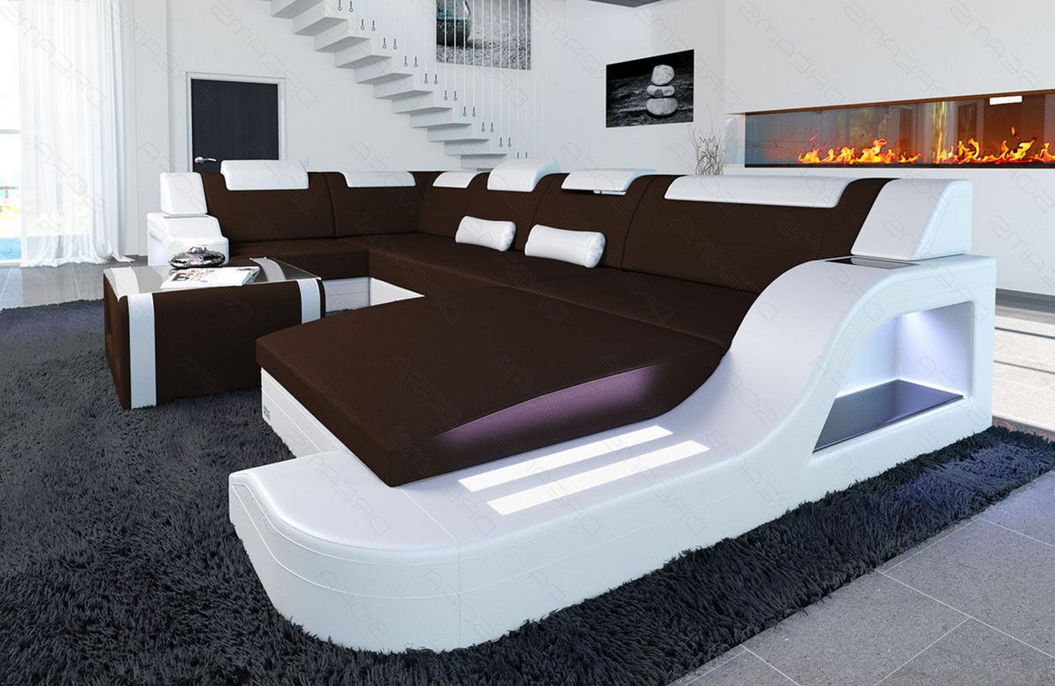 New Look Stoff-Wohnlandschaft Palermo LED Dunkelbraun-Weiß