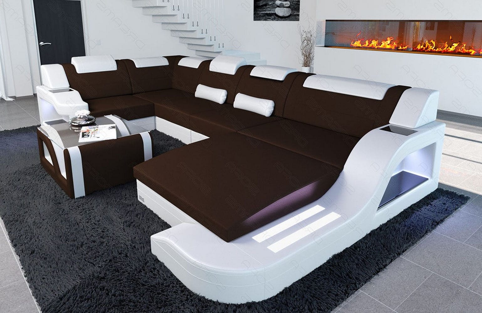 New Look Stoff-Wohnlandschaft Palermo LED Dunkelbraun-Weiß