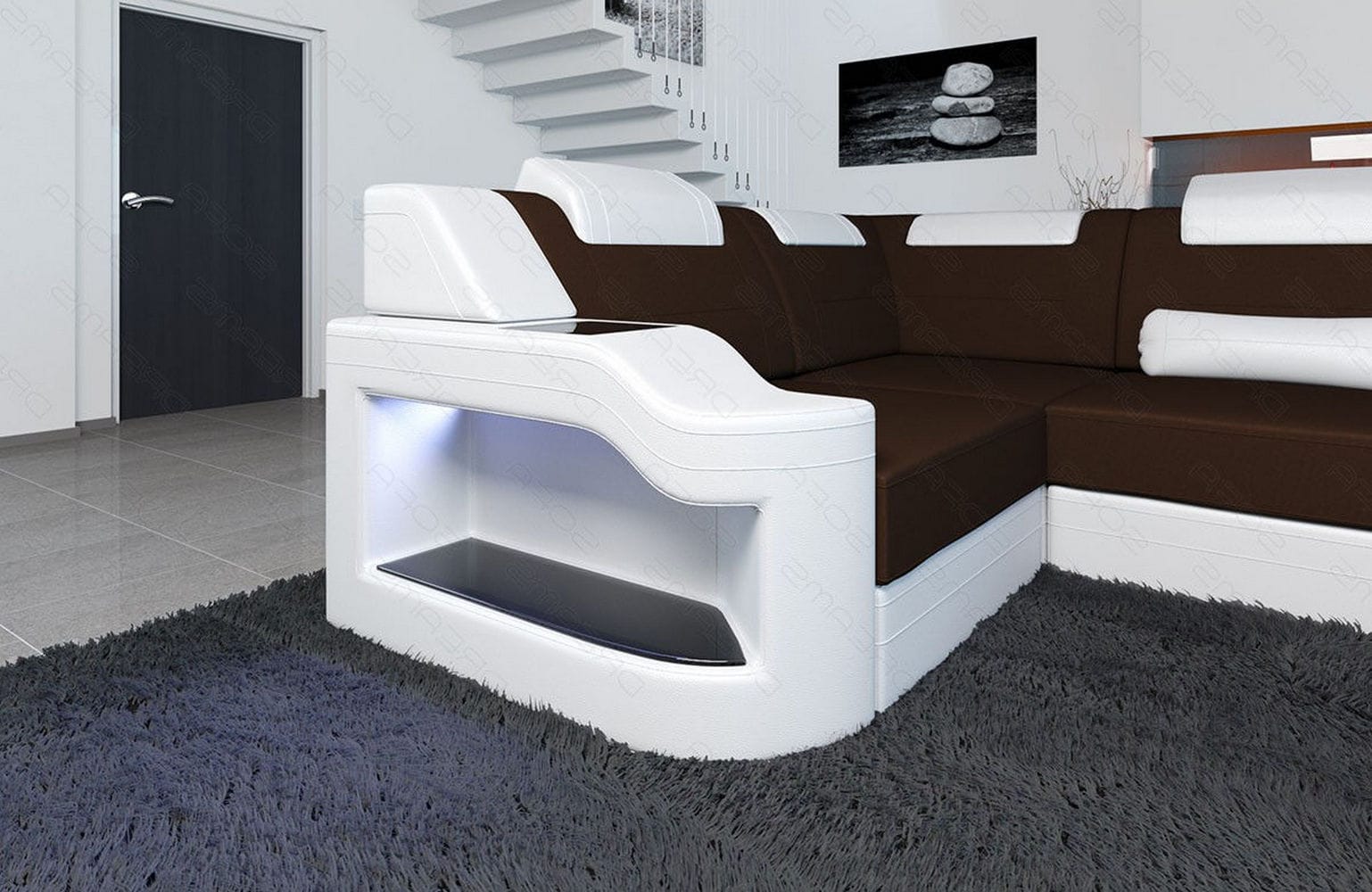 New Look Stoff-Wohnlandschaft Palermo LED Dunkelbraun-Weiß
