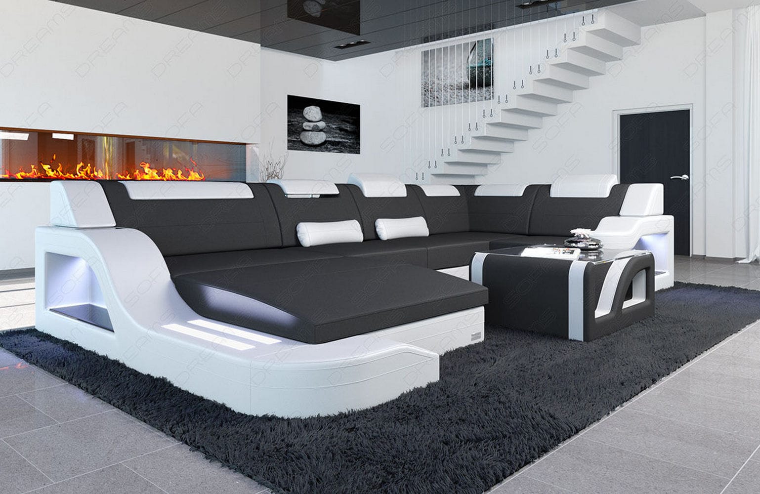 New Look Stoff-Wohnlandschaft Palermo LED Dunkelgrau-Weiß