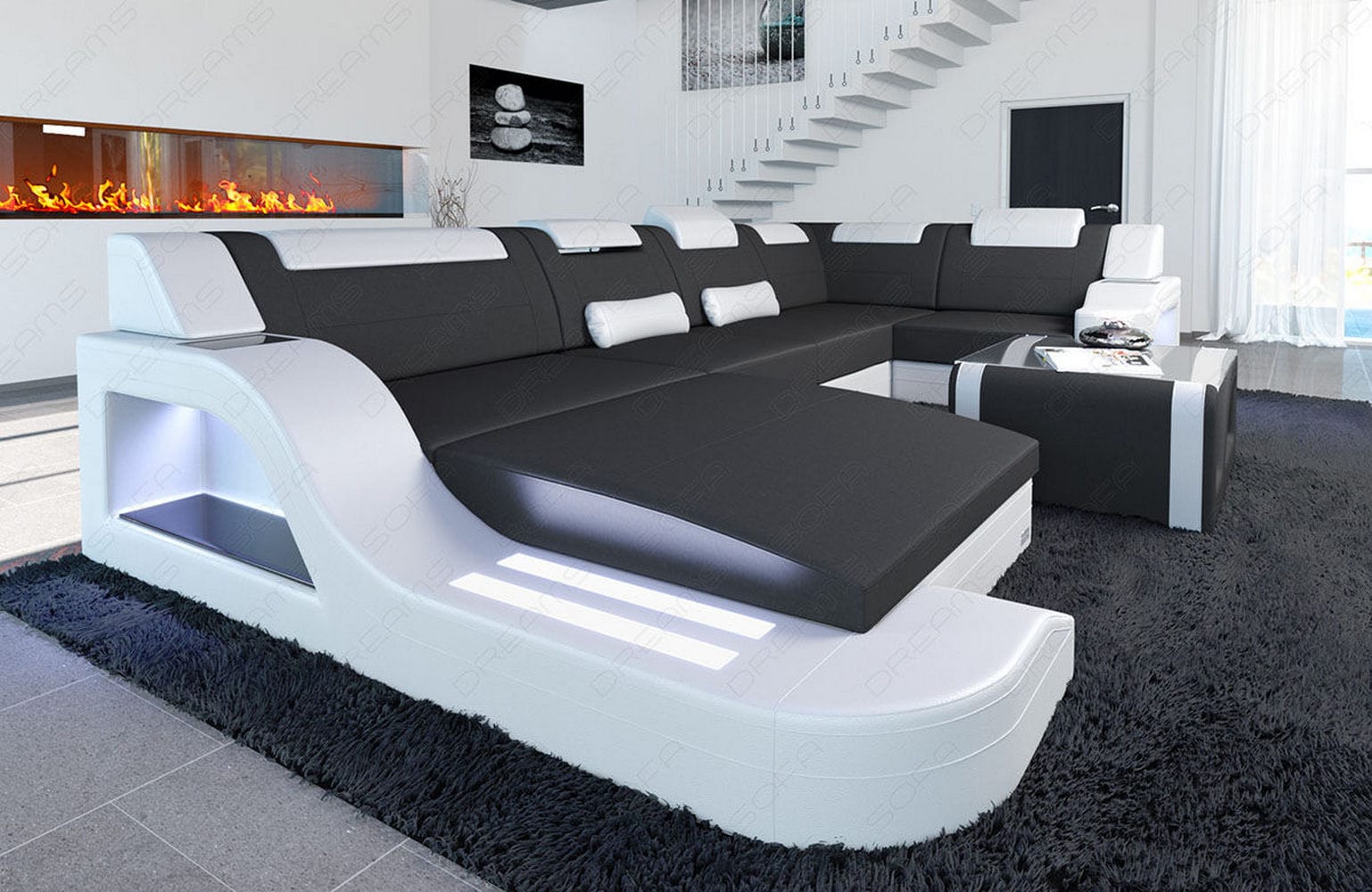 New Look Stoff-Wohnlandschaft Palermo LED Dunkelgrau-Weiß