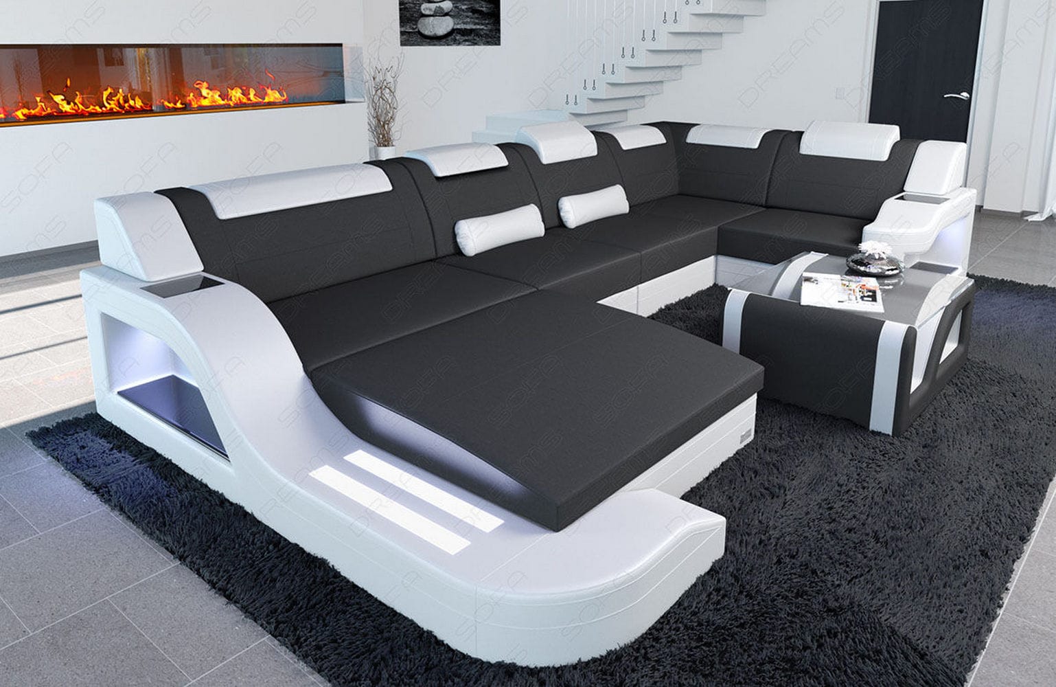 New Look Stoff-Wohnlandschaft Palermo LED Dunkelgrau-Weiß