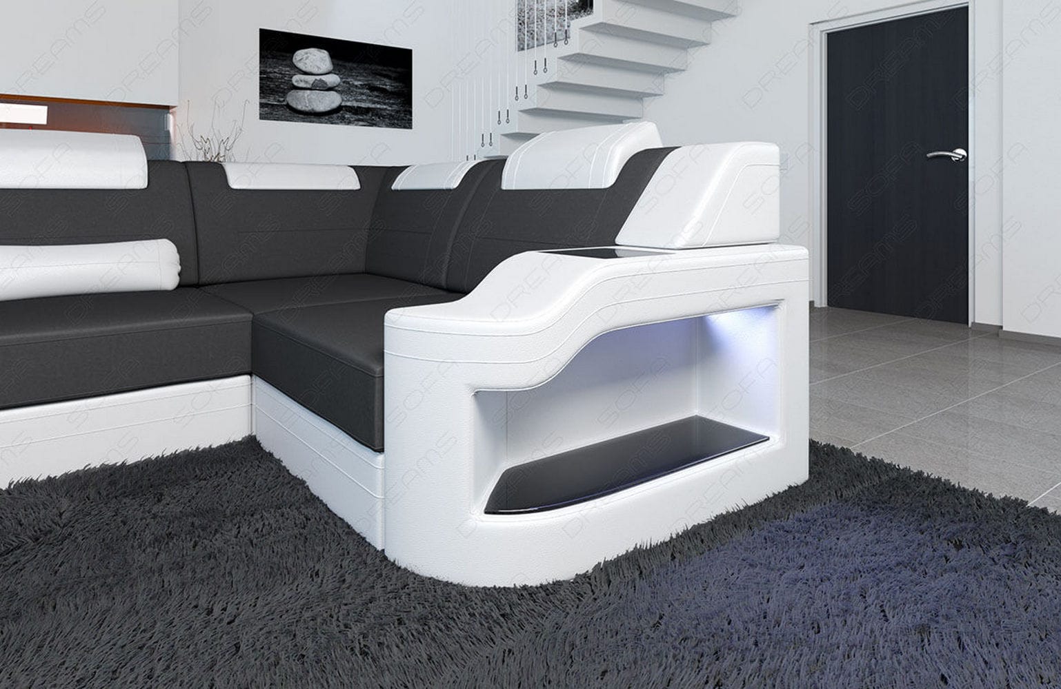 New Look Stoff-Wohnlandschaft Palermo LED Dunkelgrau-Weiß