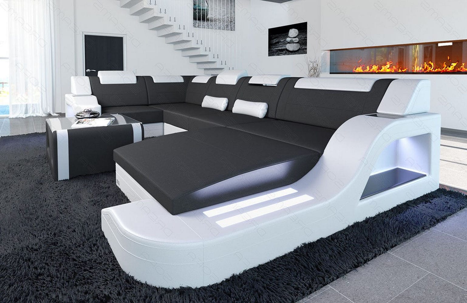 New Look Stoff-Wohnlandschaft Palermo LED Dunkelgrau-Weiß
