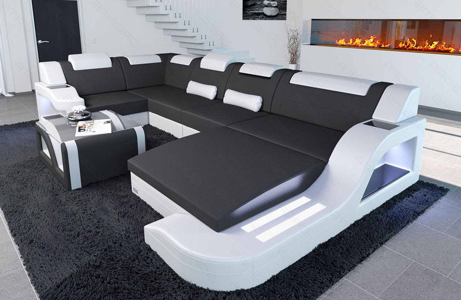 New Look Stoff-Wohnlandschaft Palermo LED Dunkelgrau-Weiß