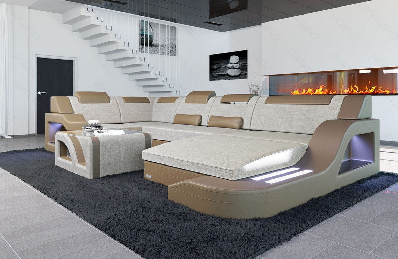 New Look Stoff-Wohnlandschaft Palermo LED Elfenbein-Sandbeige
