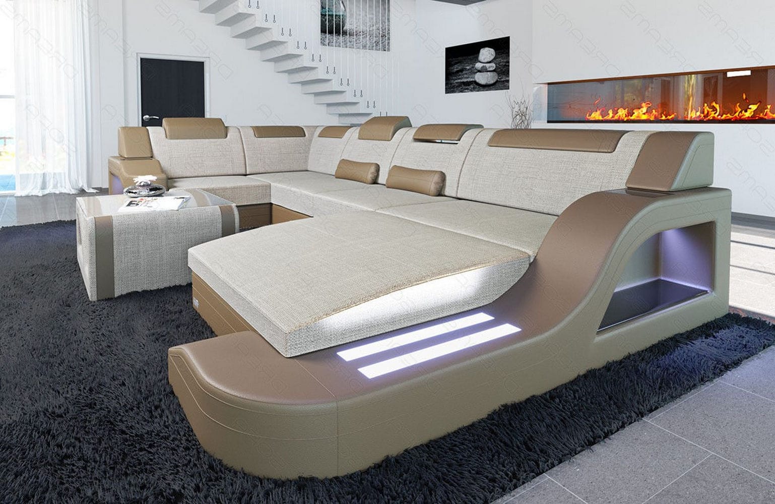 New Look Stoff-Wohnlandschaft Palermo LED Elfenbein-Sandbeige
