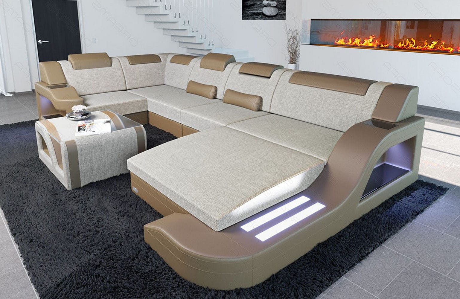 New Look Stoff-Wohnlandschaft Palermo LED Elfenbein-Sandbeige