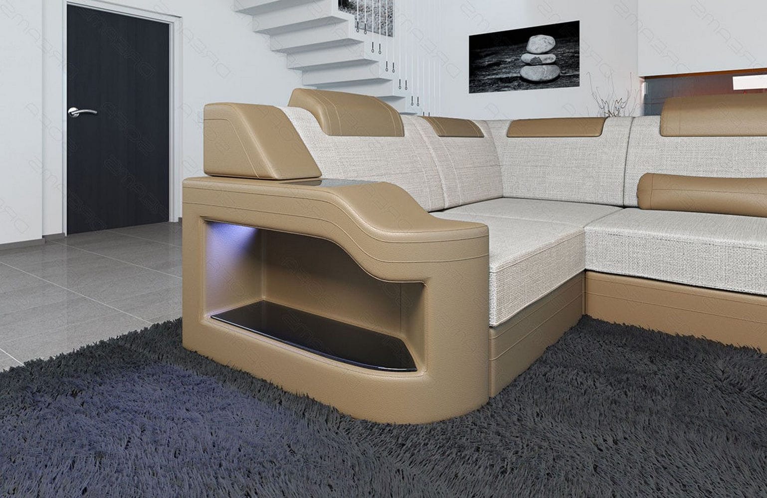 New Look Stoff-Wohnlandschaft Palermo LED Elfenbein-Sandbeige
