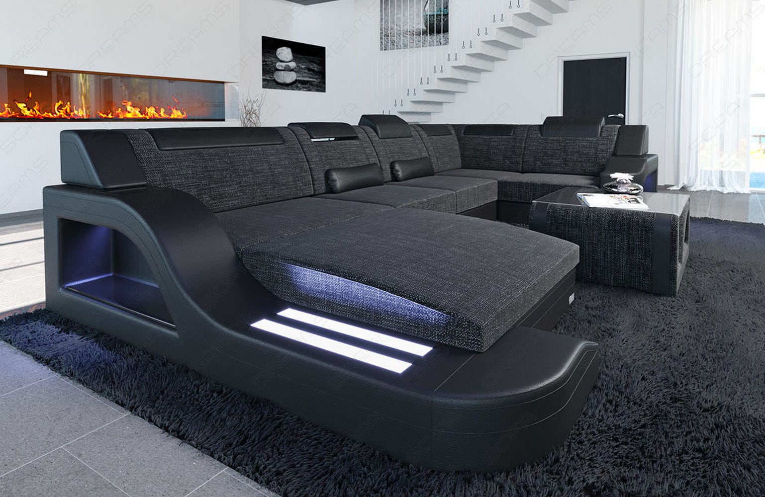 New Look Stoff-Wohnlandschaft Palermo LED Schwarzgrau-Schwarz