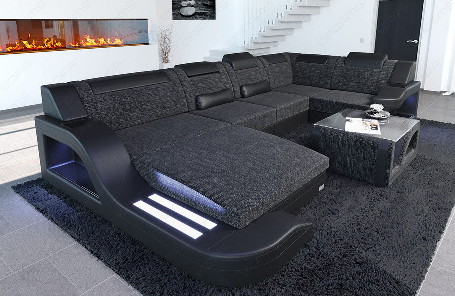New Look Stoff-Wohnlandschaft Palermo LED Schwarzgrau-Schwarz