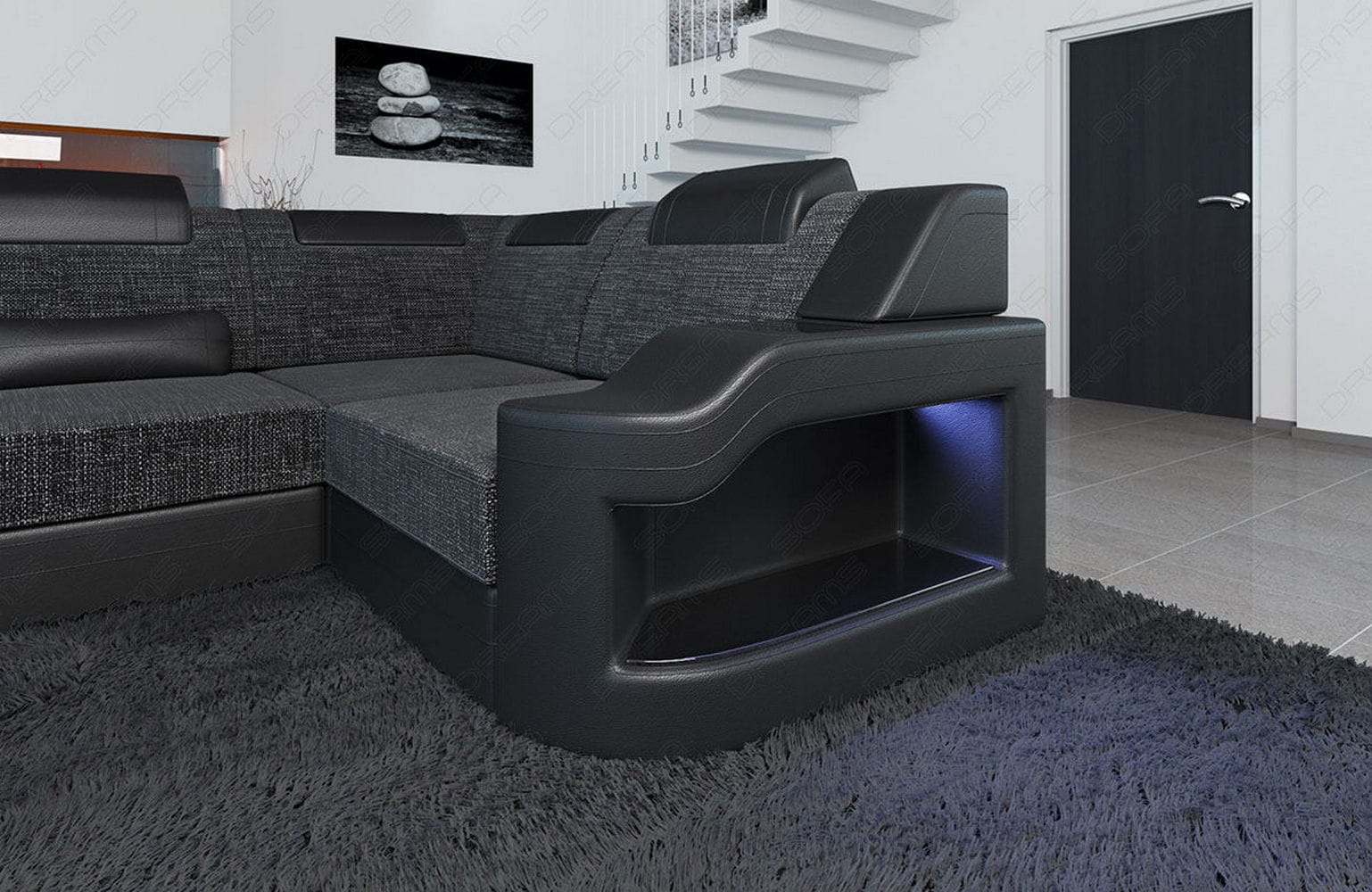 New Look Stoff-Wohnlandschaft Palermo LED Schwarzgrau-Schwarz