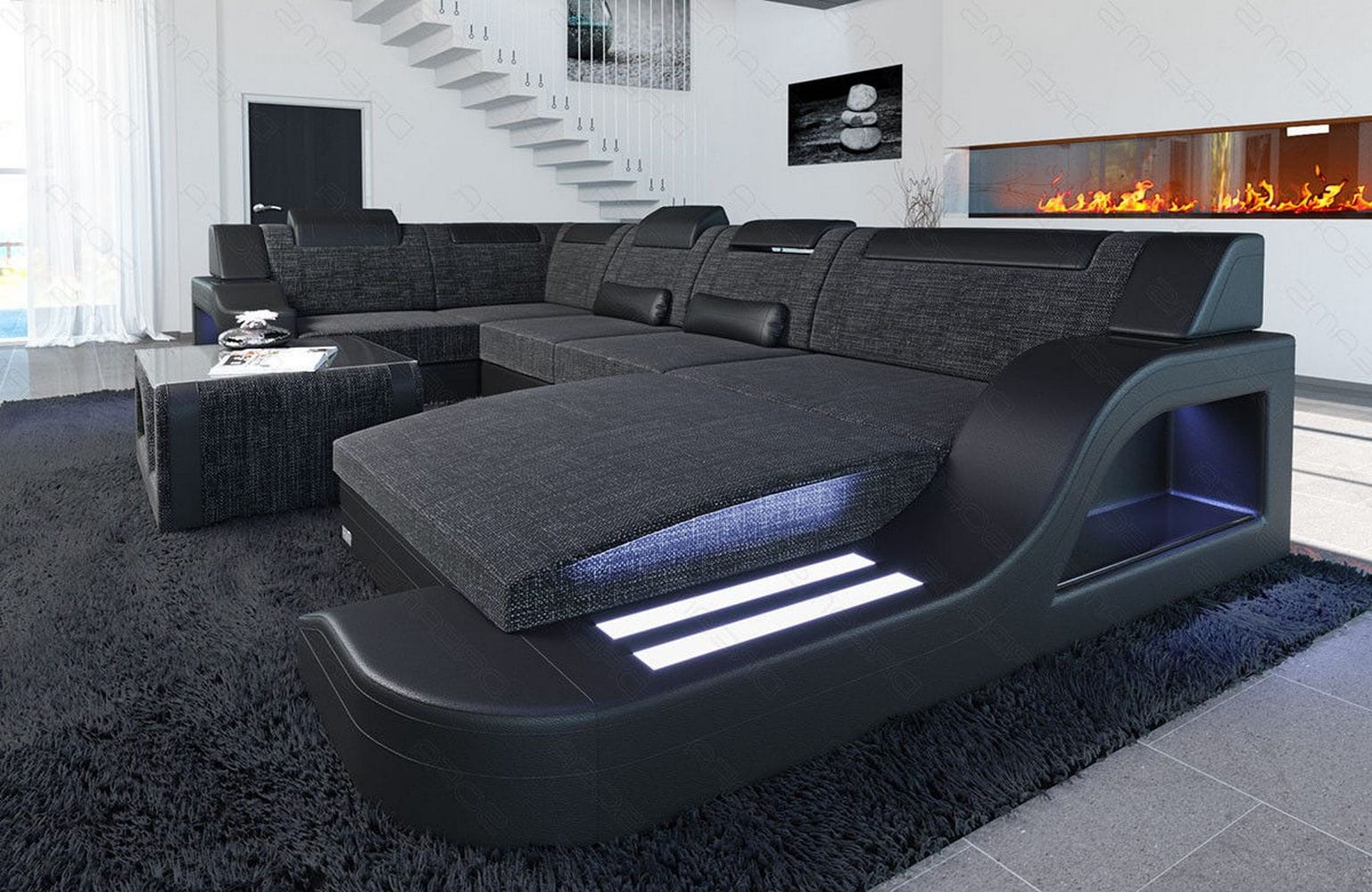 New Look Stoff-Wohnlandschaft Palermo LED Schwarzgrau-Schwarz