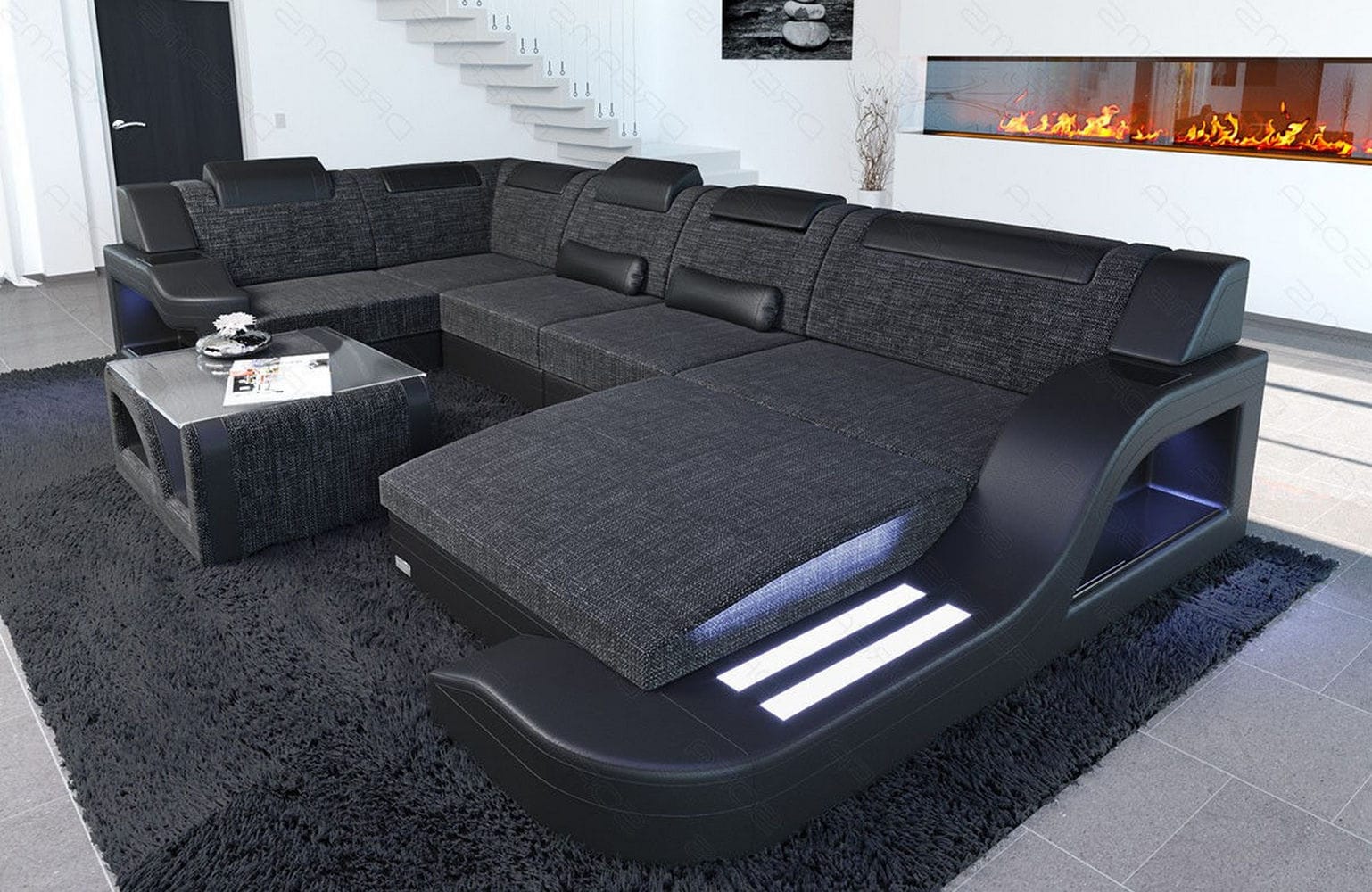 New Look Stoff-Wohnlandschaft Palermo LED Schwarzgrau-Schwarz