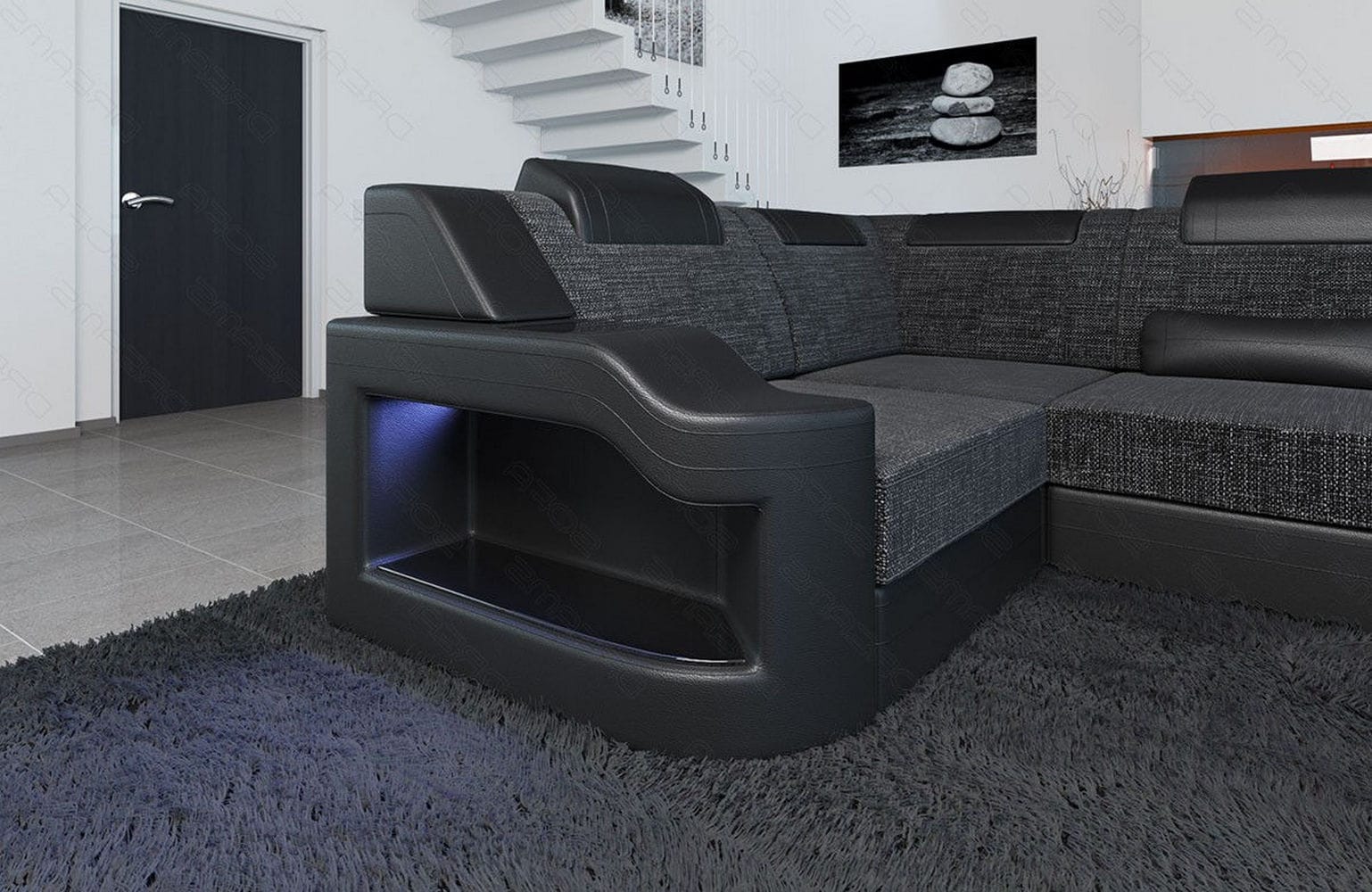 New Look Stoff-Wohnlandschaft Palermo LED Schwarzgrau-Schwarz