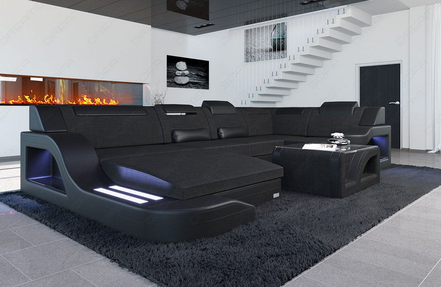 New Look Stoff-Wohnlandschaft Palermo LED Schwarz-Schwarz