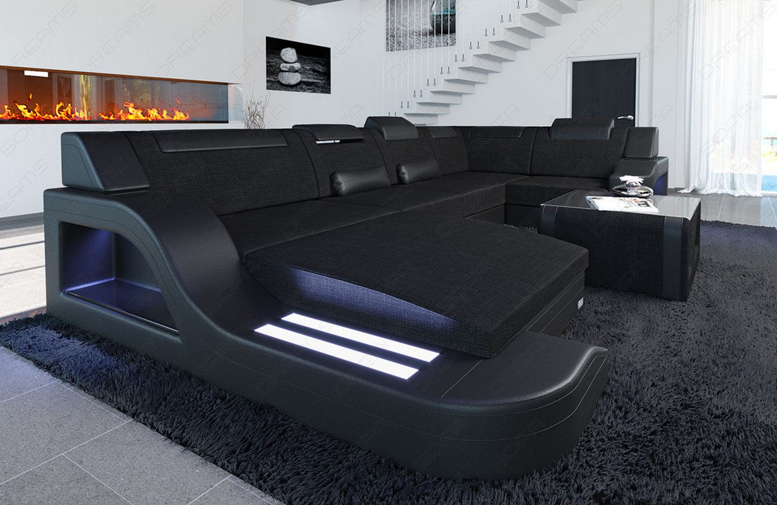 New Look Stoff-Wohnlandschaft Palermo LED Schwarz-Schwarz