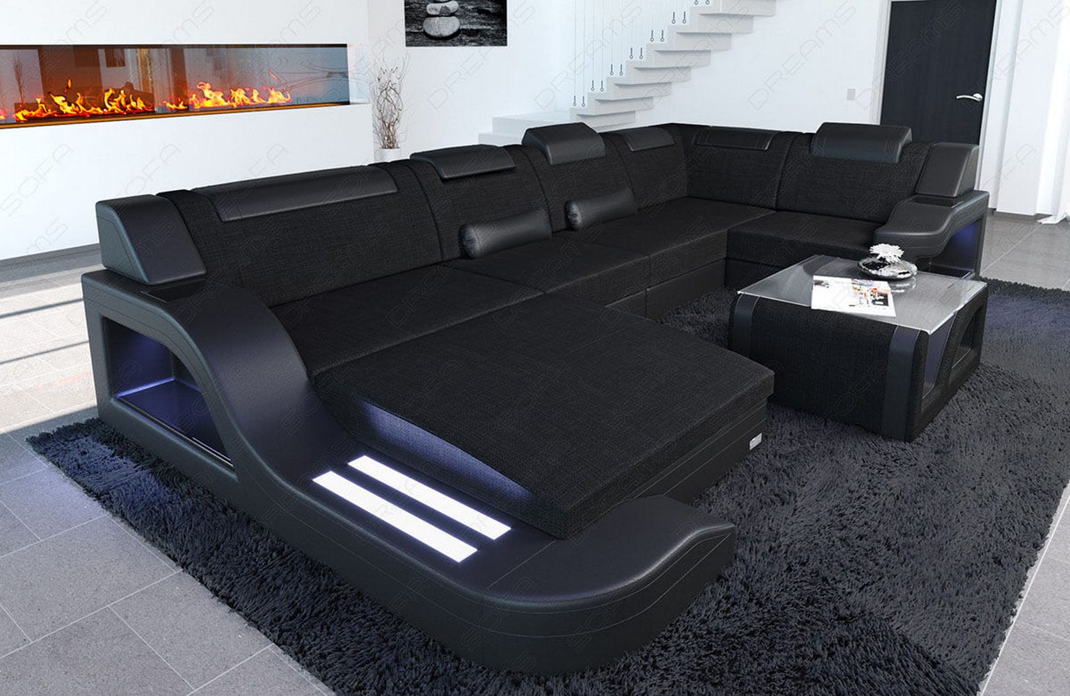 New Look Stoff-Wohnlandschaft Palermo LED Schwarz-Schwarz