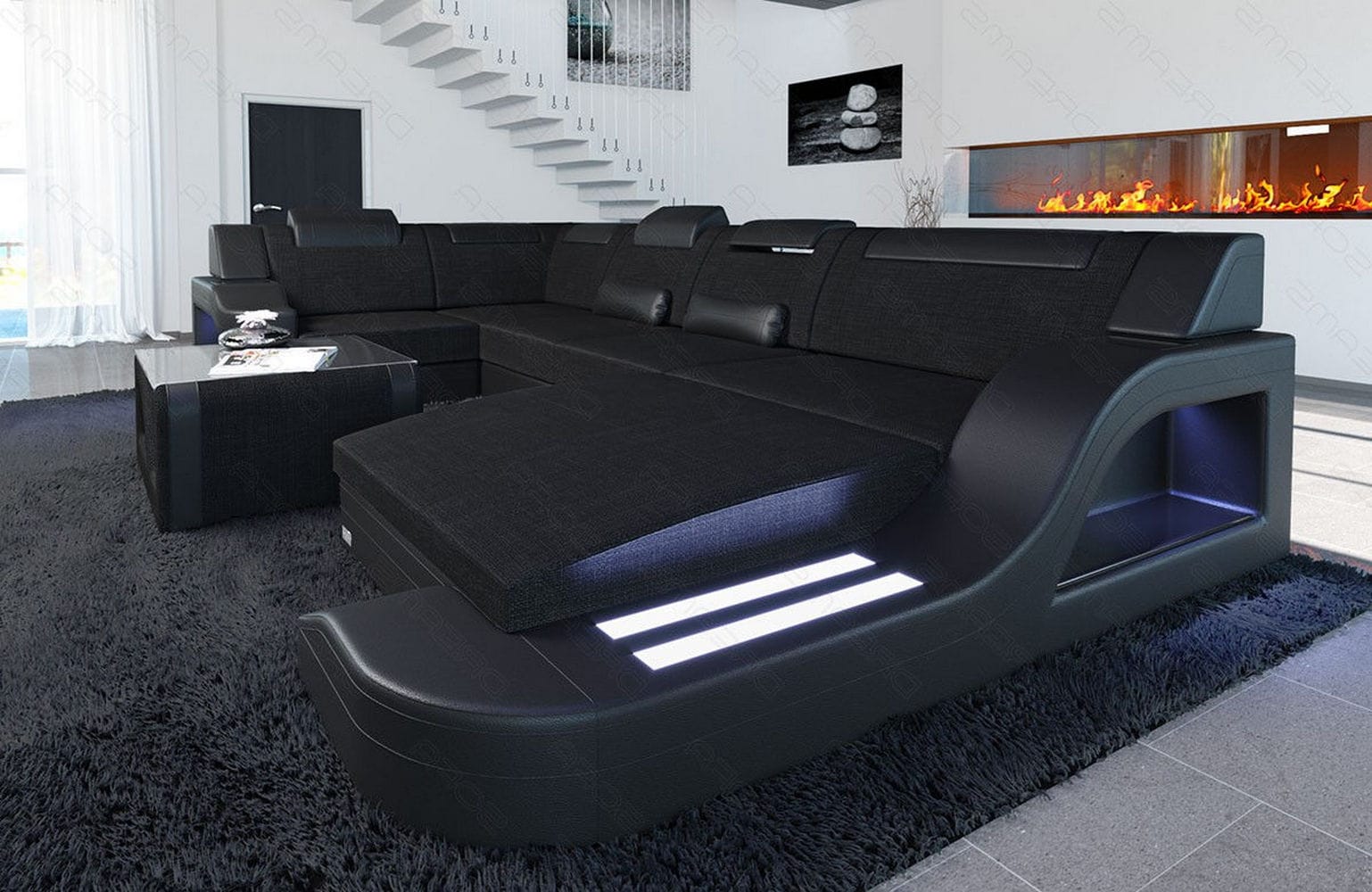 New Look Stoff-Wohnlandschaft Palermo LED Schwarz-Schwarz