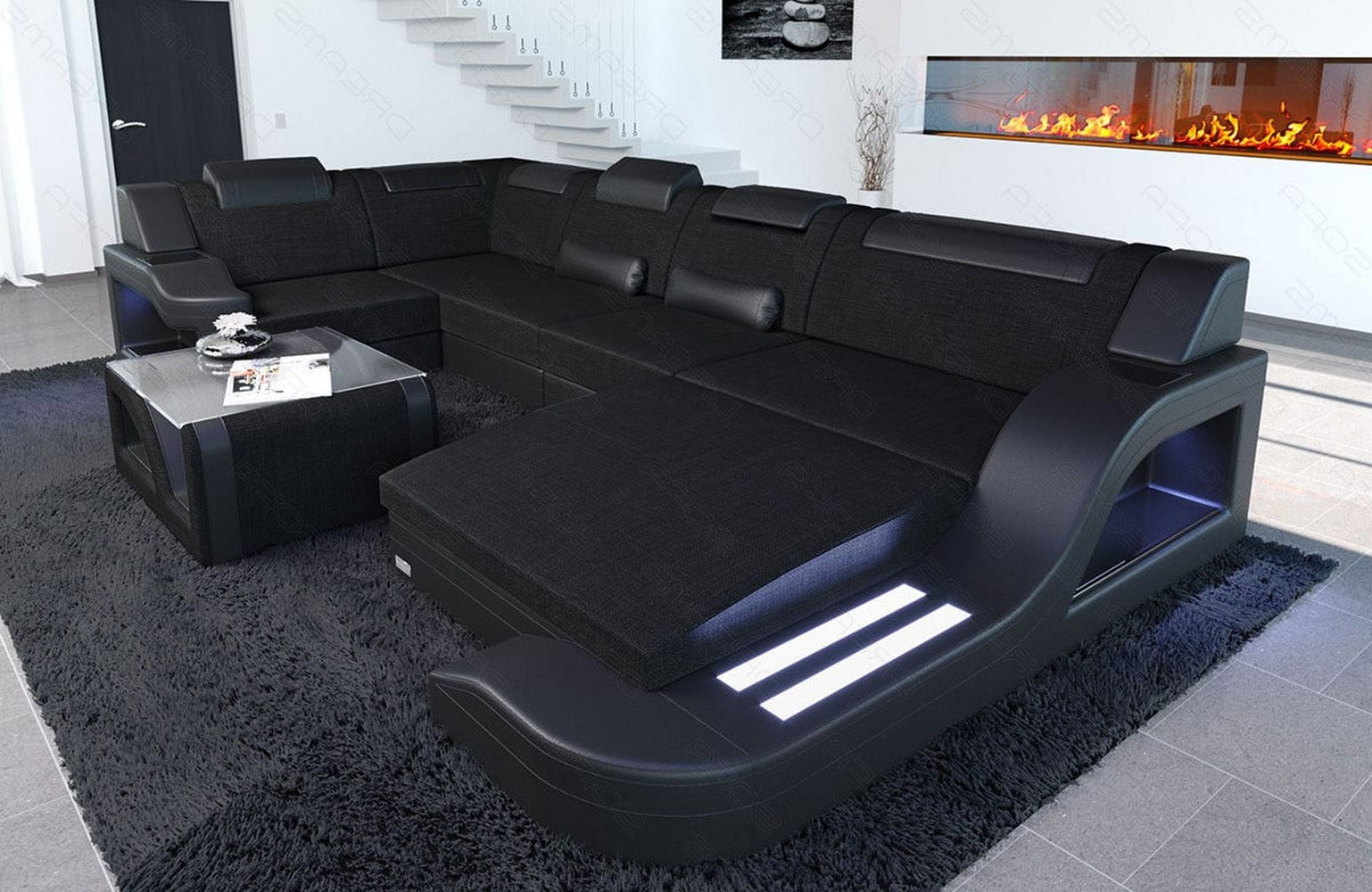 New Look Stoff-Wohnlandschaft Palermo LED Schwarz-Schwarz