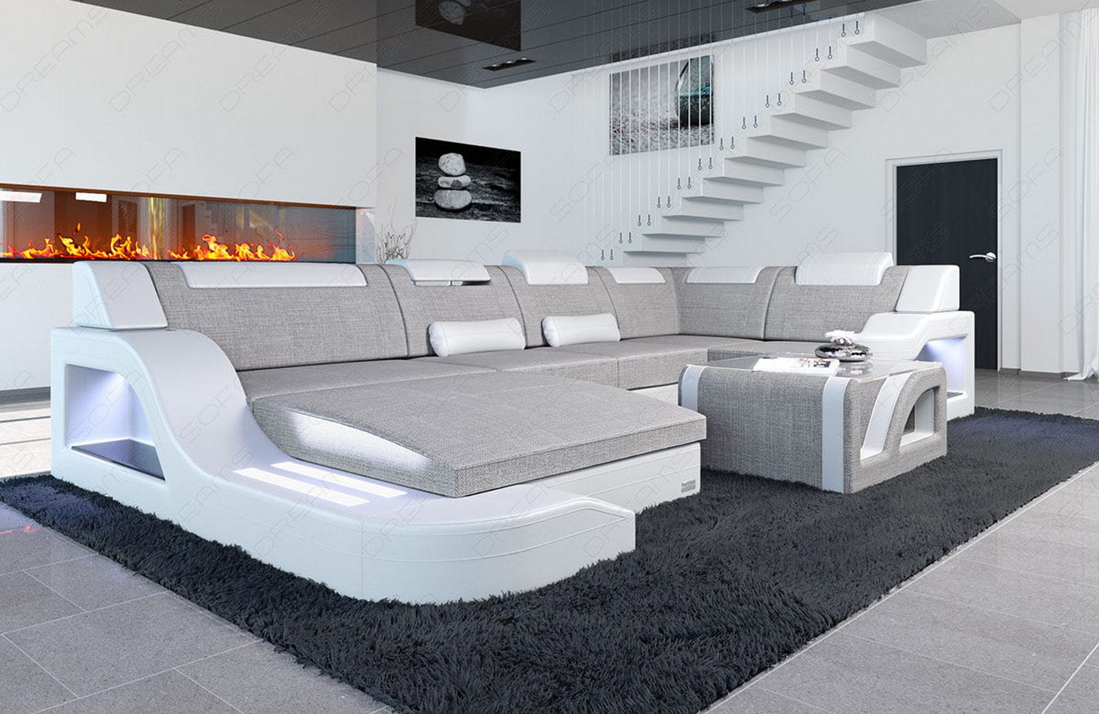 New Look Stoff-Wohnlandschaft Palermo LED Macchiato-Weiß