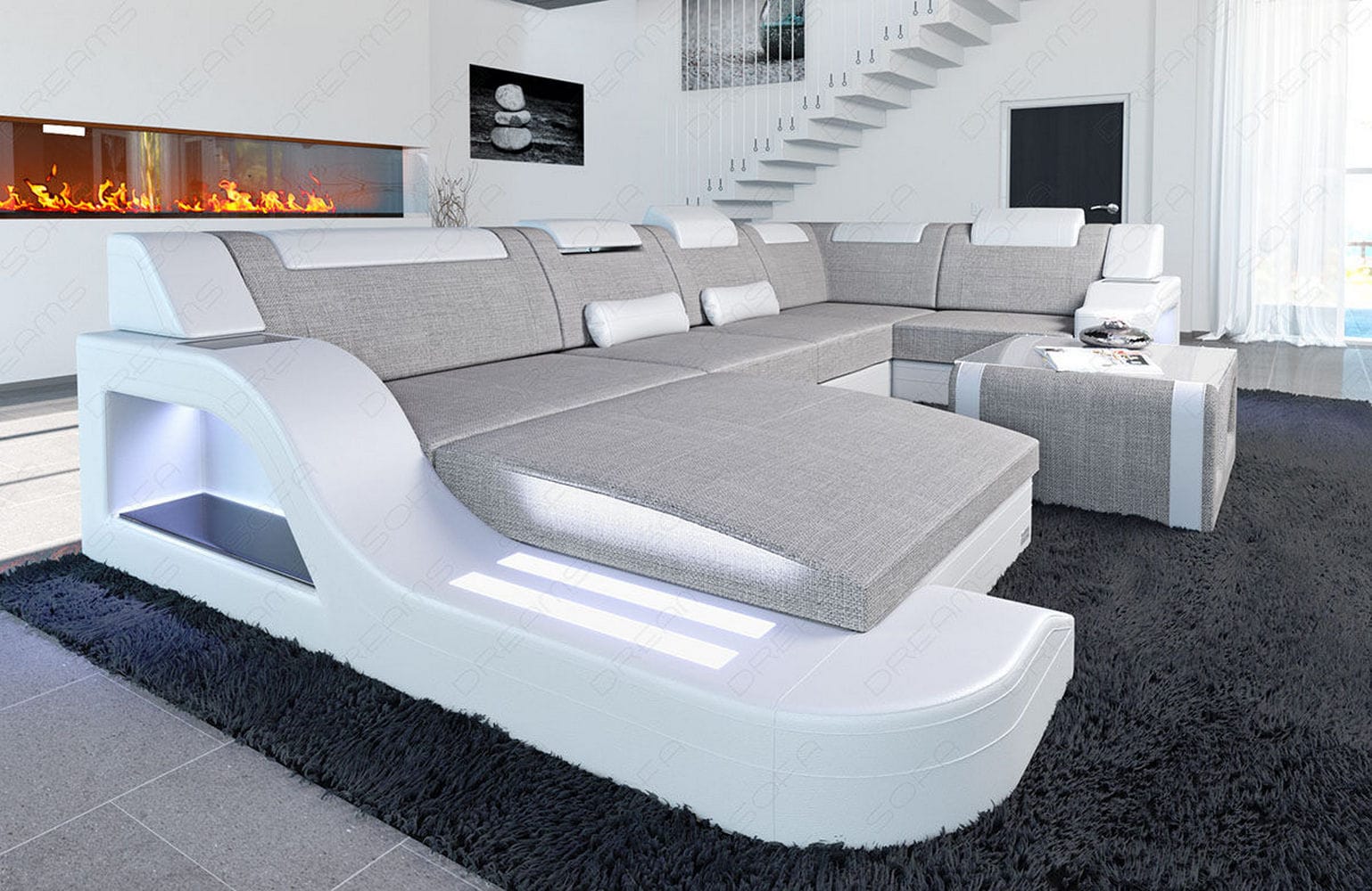 New Look Stoff-Wohnlandschaft Palermo LED Macchiato-Weiß