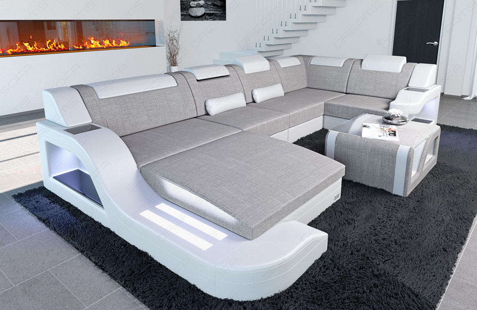 New Look Stoff-Wohnlandschaft Palermo LED Macchiato-Weiß