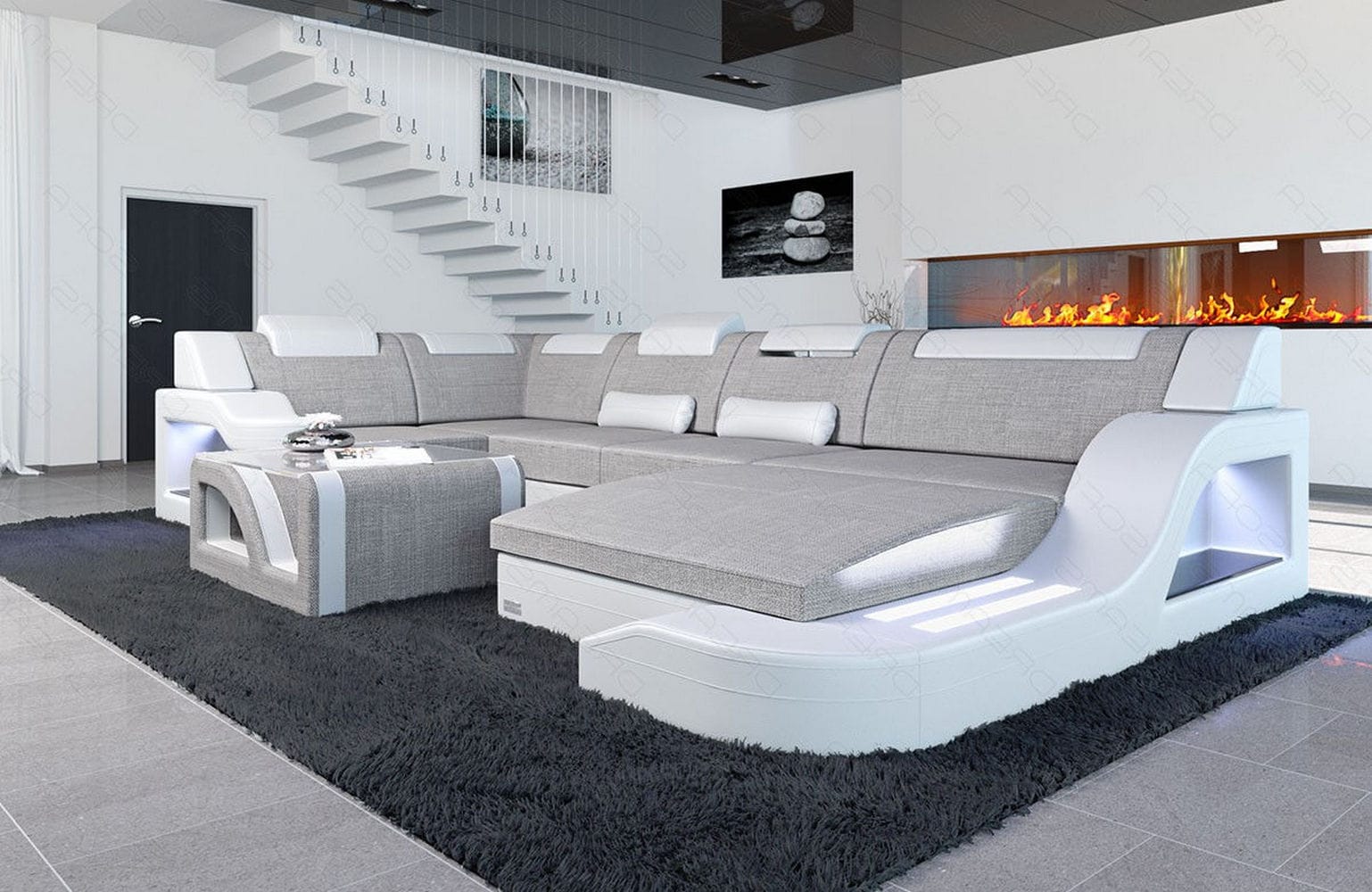 New Look Stoff-Wohnlandschaft Palermo LED Macchiato-Weiß