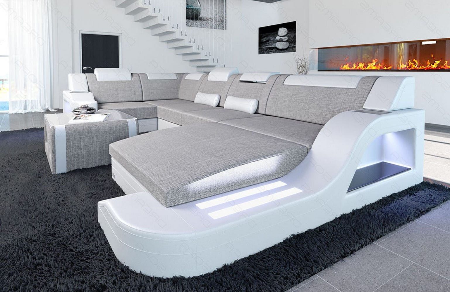 New Look Stoff-Wohnlandschaft Palermo LED Macchiato-Weiß