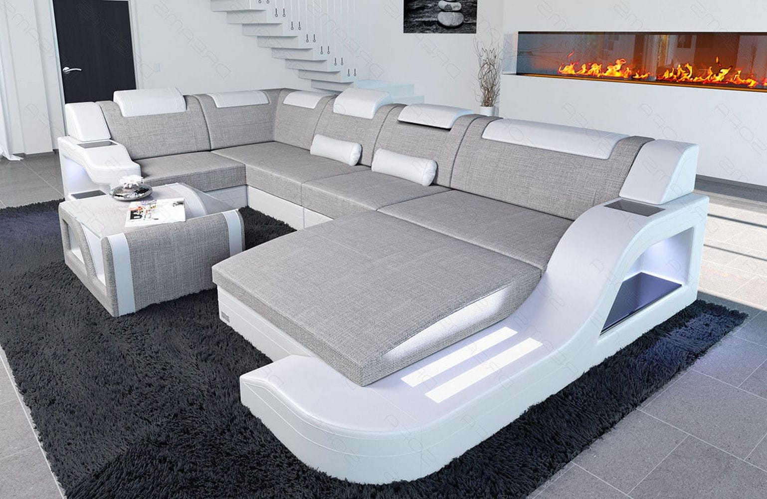 New Look Stoff-Wohnlandschaft Palermo LED Macchiato-Weiß
