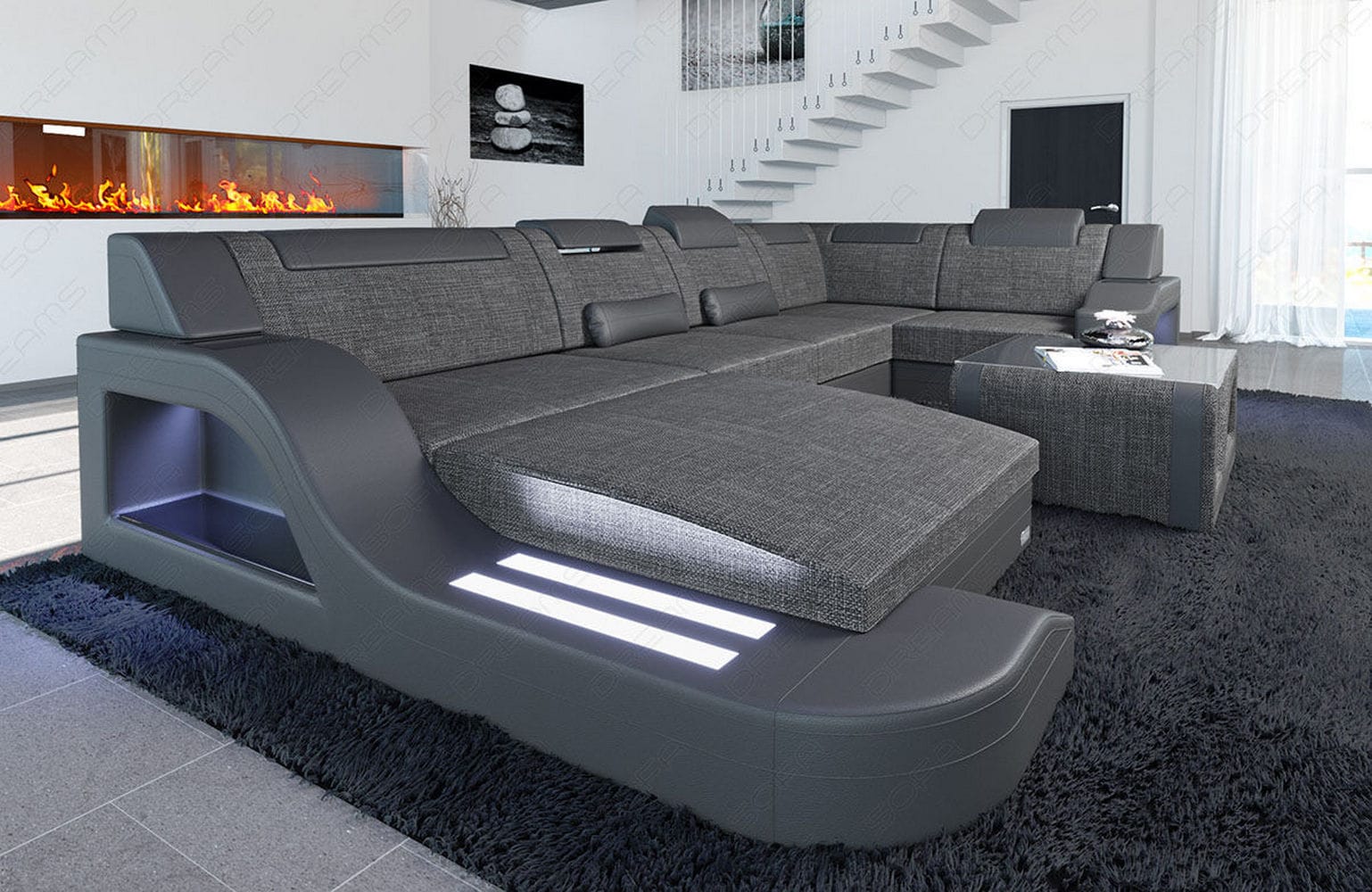 New Look Stoff-Wohnlandschaft Palermo LED Grau-Schwarz