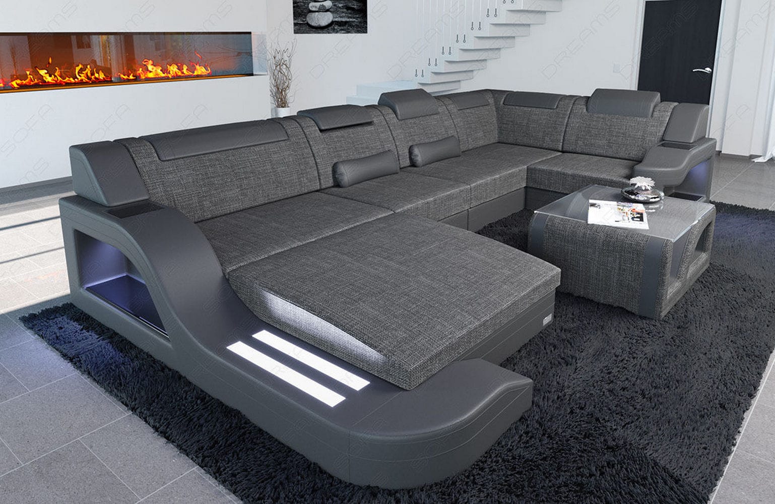 New Look Stoff-Wohnlandschaft Palermo LED Grau-Schwarz