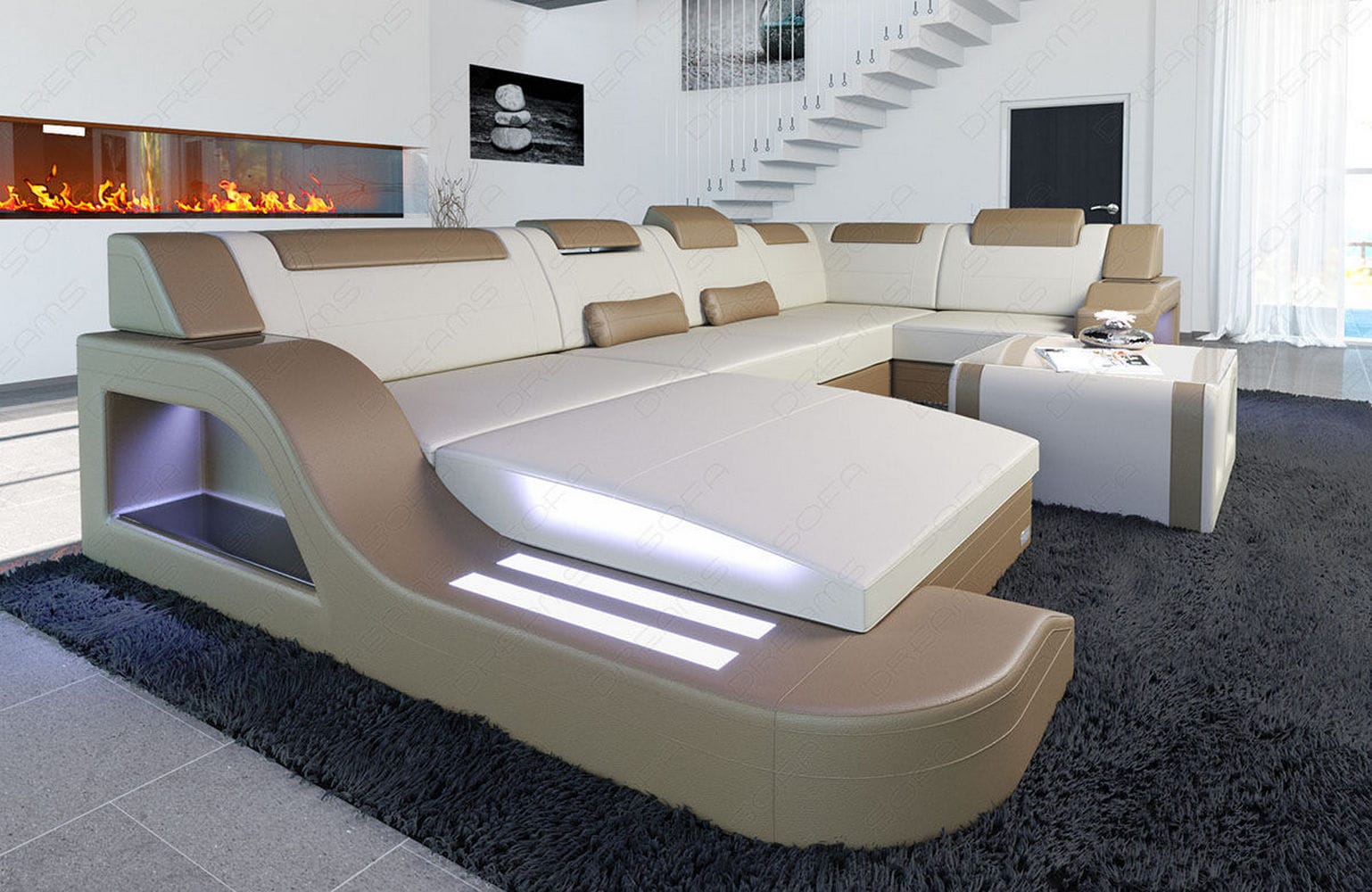New Look Stoff-Wohnlandschaft Palermo LED Elfenbein-Sandbeige