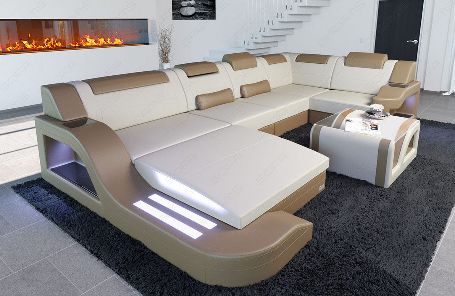 New Look Stoff-Wohnlandschaft Palermo LED Elfenbein-Sandbeige