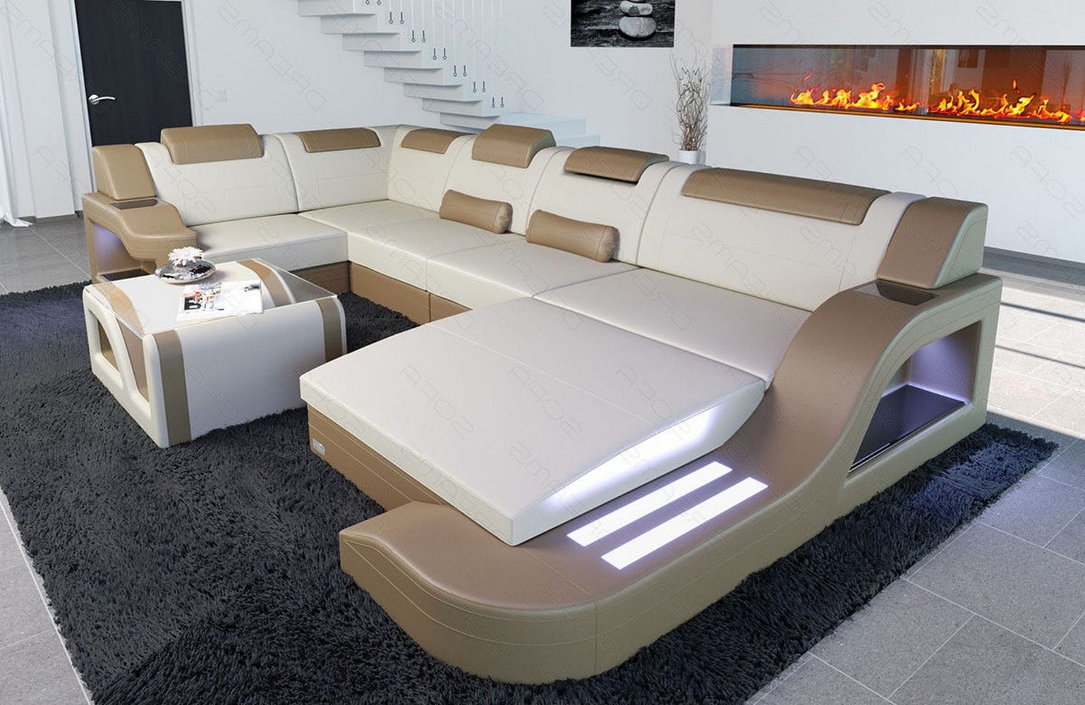 New Look Stoff-Wohnlandschaft Palermo LED Elfenbein-Sandbeige