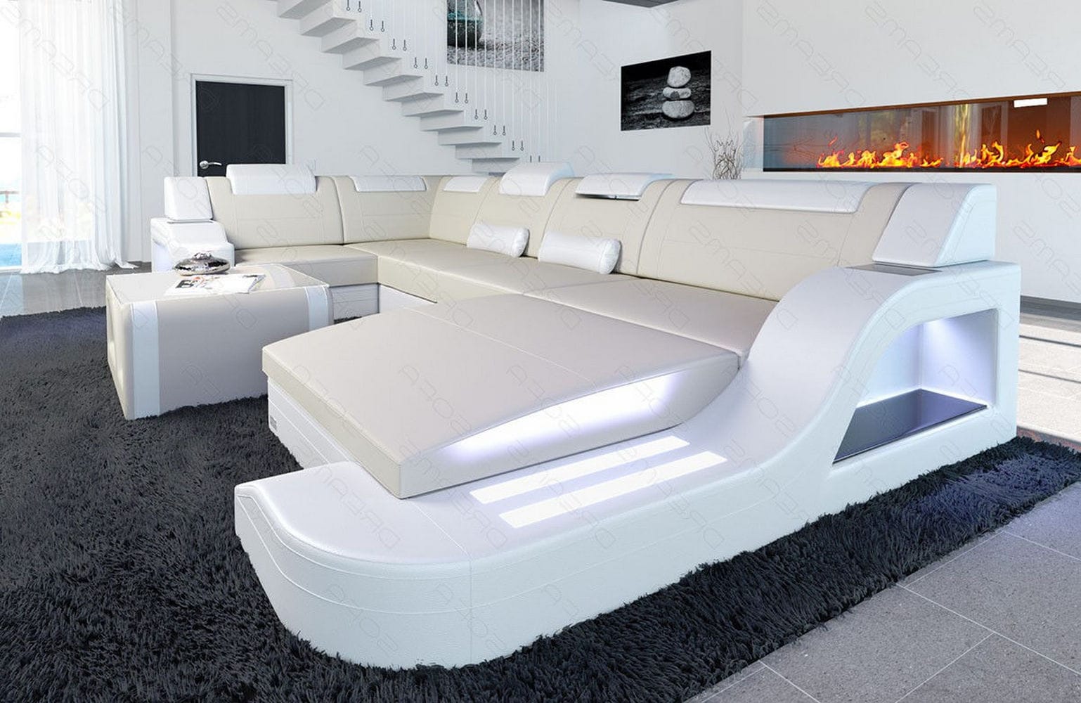New Look Stoff-Wohnlandschaft Palermo LED Elfenbein-Weiß
