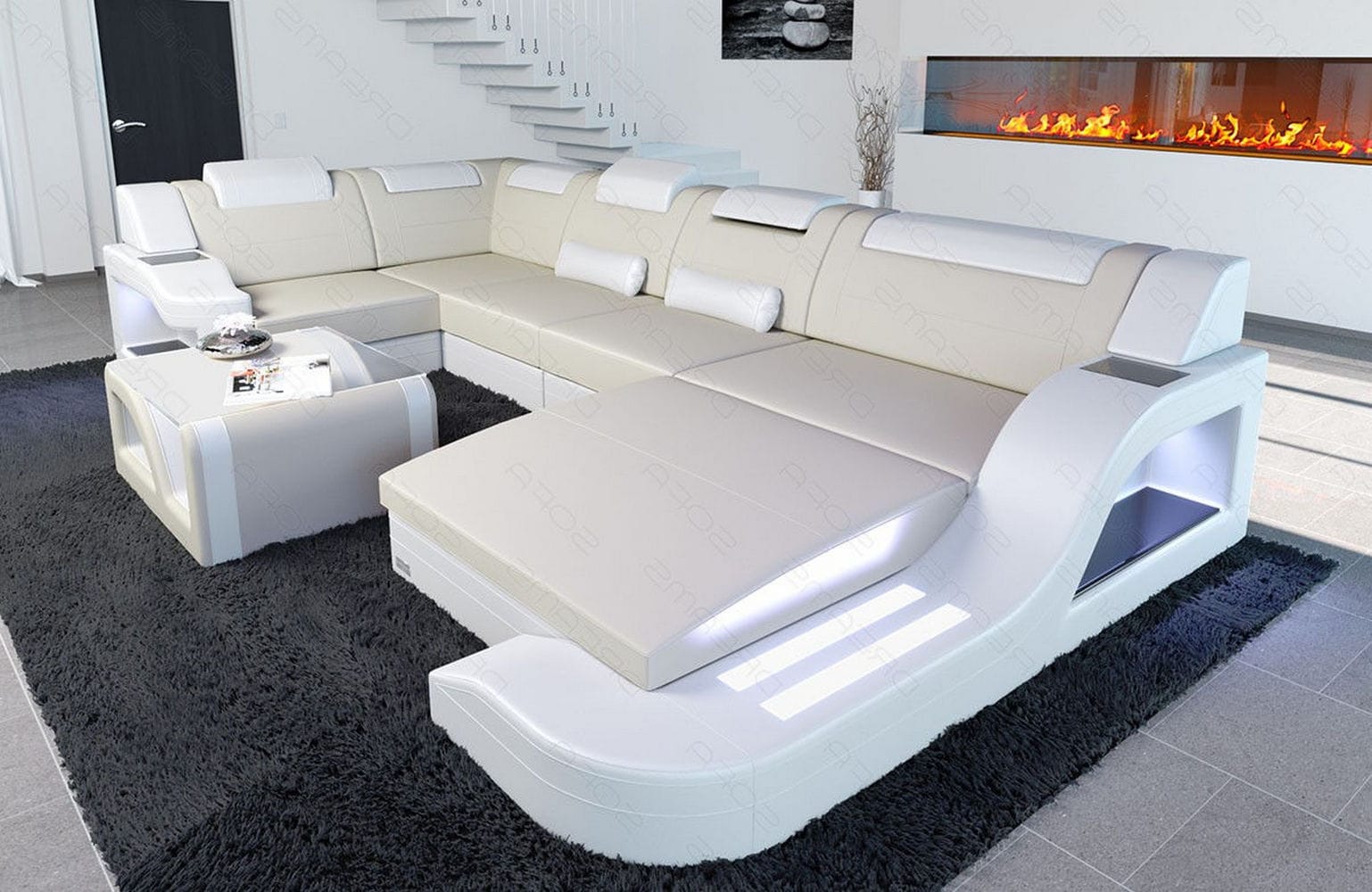 New Look Stoff-Wohnlandschaft Palermo LED Elfenbein-Weiß
