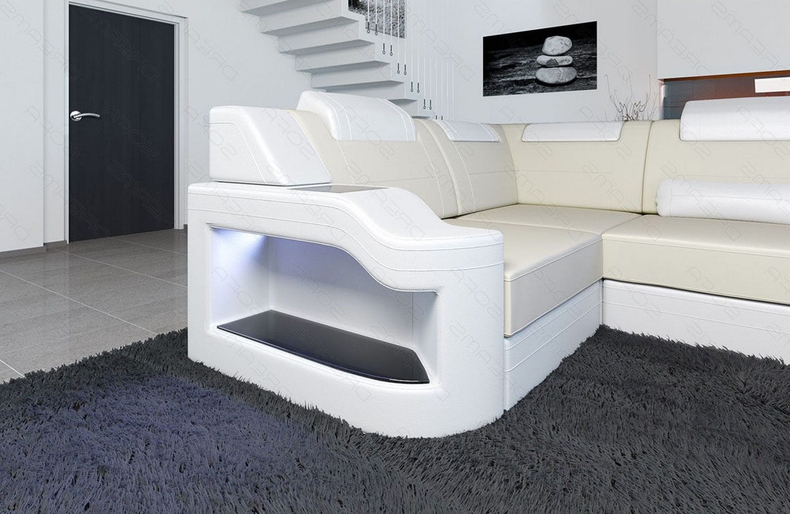 New Look Stoff-Wohnlandschaft Palermo LED Elfenbein-Weiß