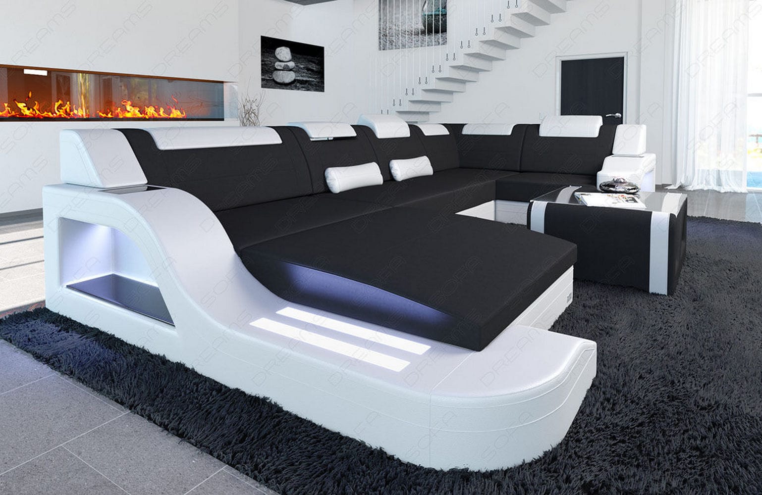 New Look Stoff-Wohnlandschaft Palermo LED Schwarz-Weiß