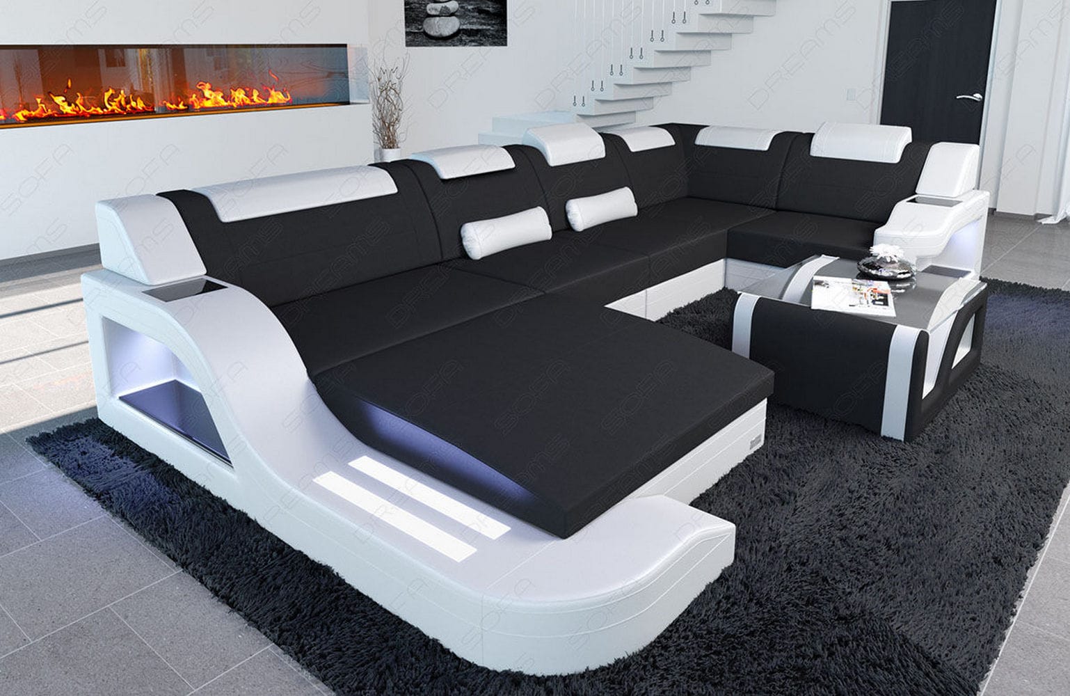 New Look Stoff-Wohnlandschaft Palermo LED Schwarz-Weiß