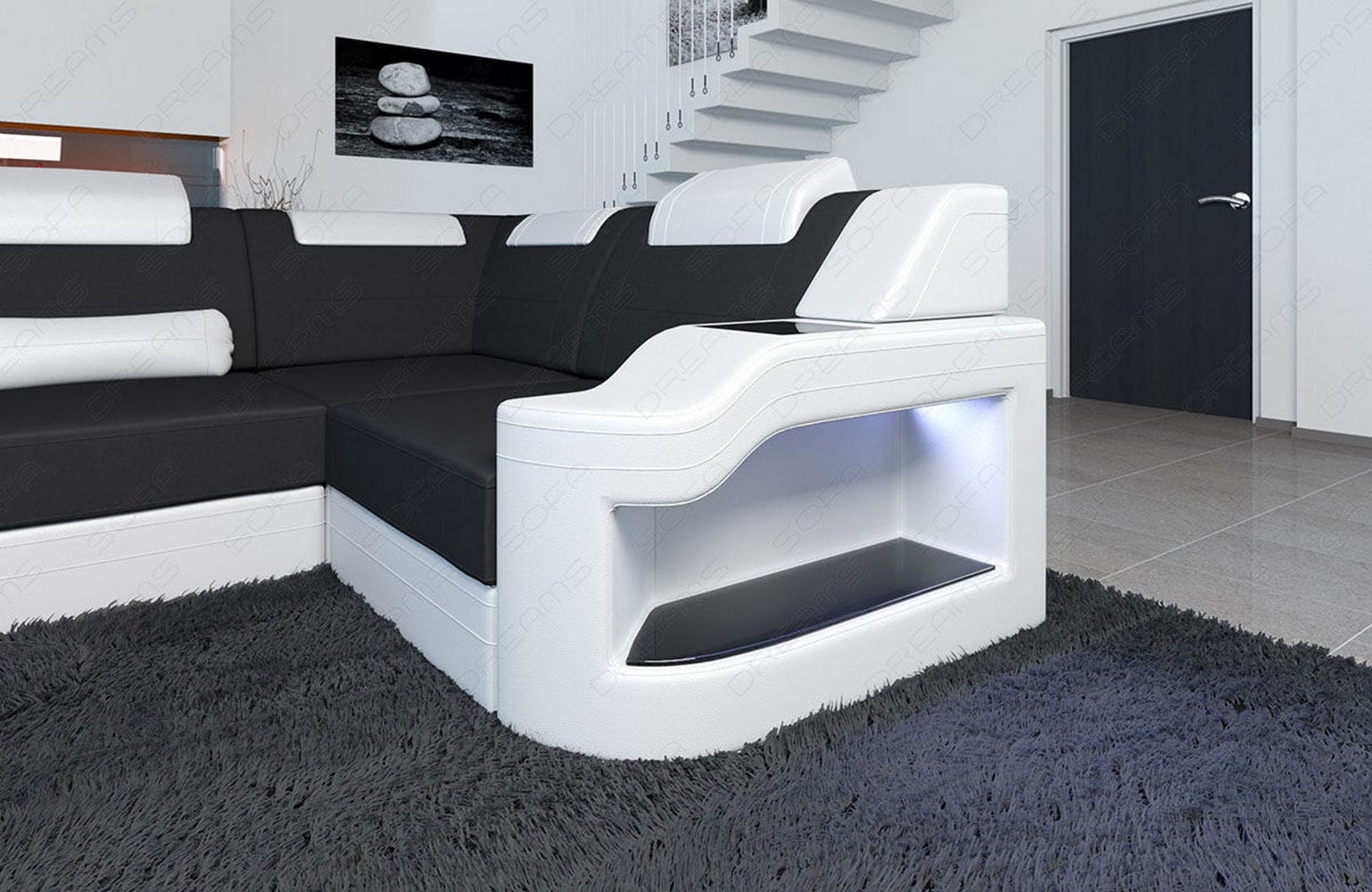 New Look Stoff-Wohnlandschaft Palermo LED Schwarz-Weiß