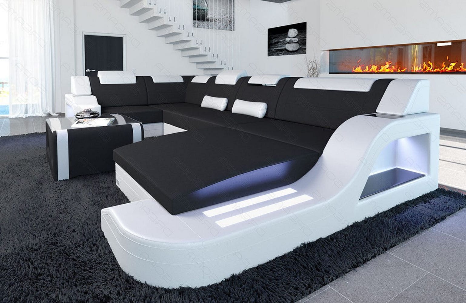 New Look Stoff-Wohnlandschaft Palermo LED Schwarz-Weiß