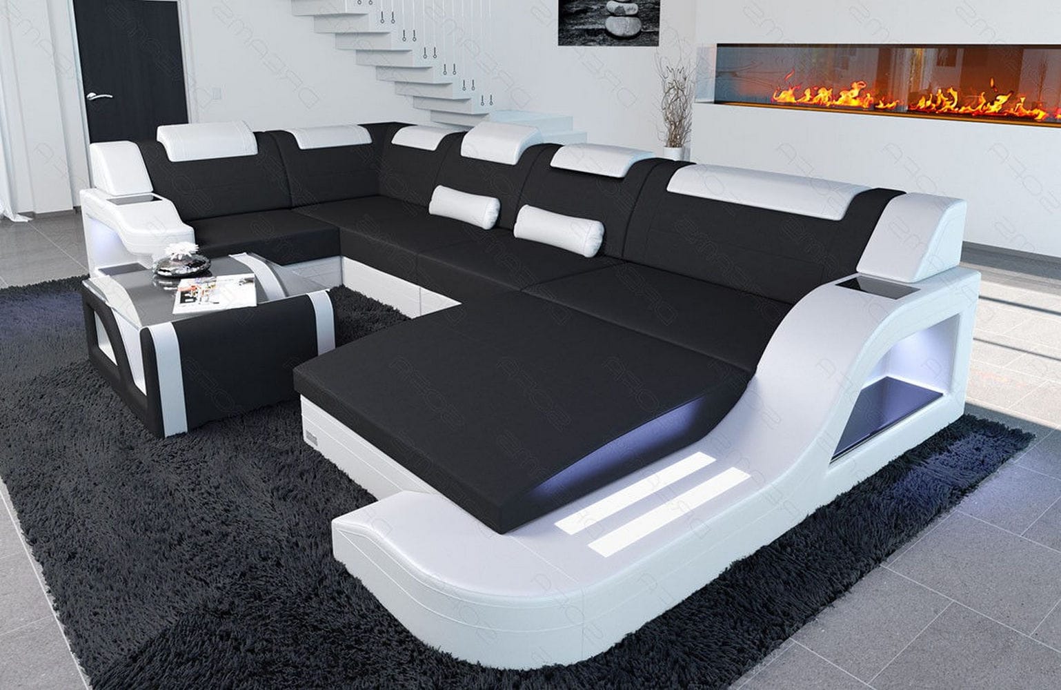 New Look Stoff-Wohnlandschaft Palermo LED Schwarz-Weiß
